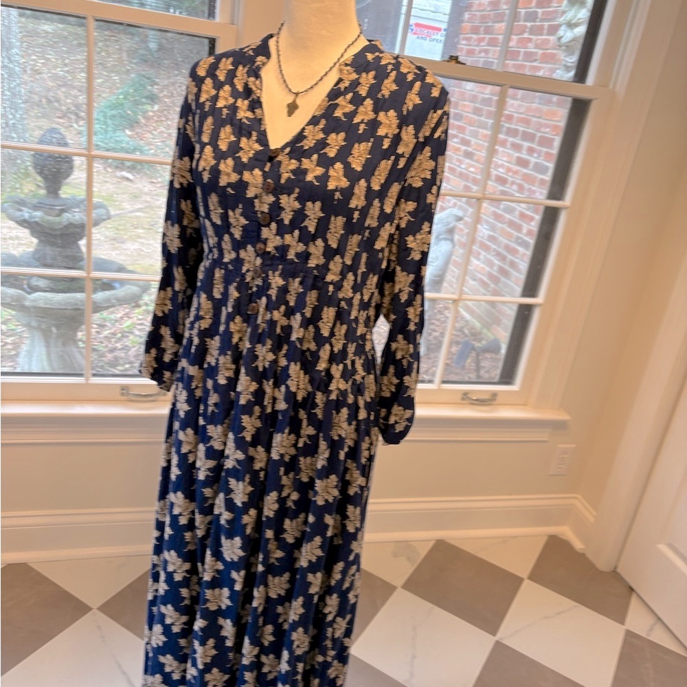 April Cornell blue dress with pleats and acorn print